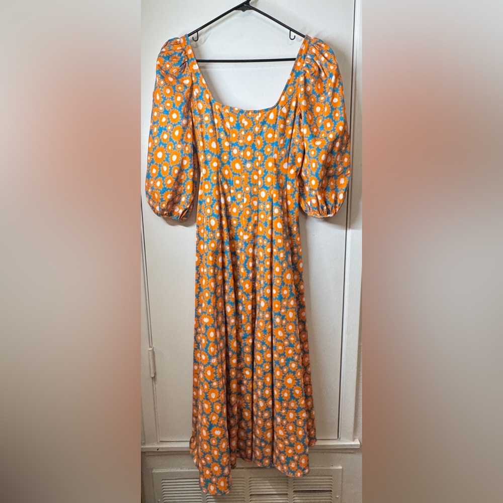 STAUD Orange Floral Midi Dress with Blue & White Accents